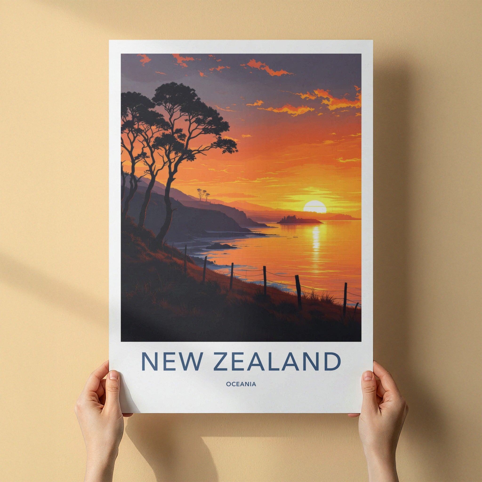 New Zealand Poster - New Zealand Travel Print - Golden Coastal Horizon Home Decor
