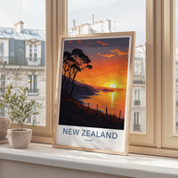 New Zealand Poster - New Zealand Travel Print - Golden Coastal Horizon Home Decor