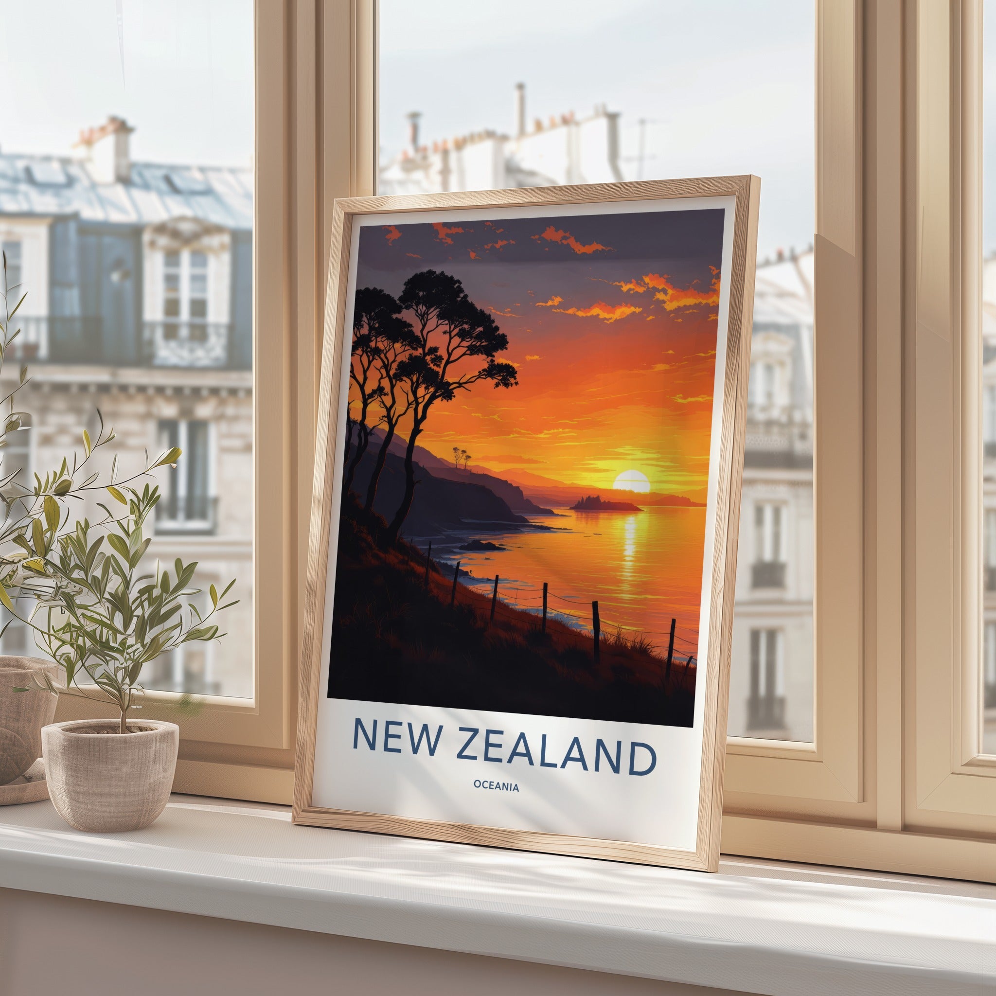 New Zealand Poster - New Zealand Travel Print - Golden Coastal Horizon Home Decor