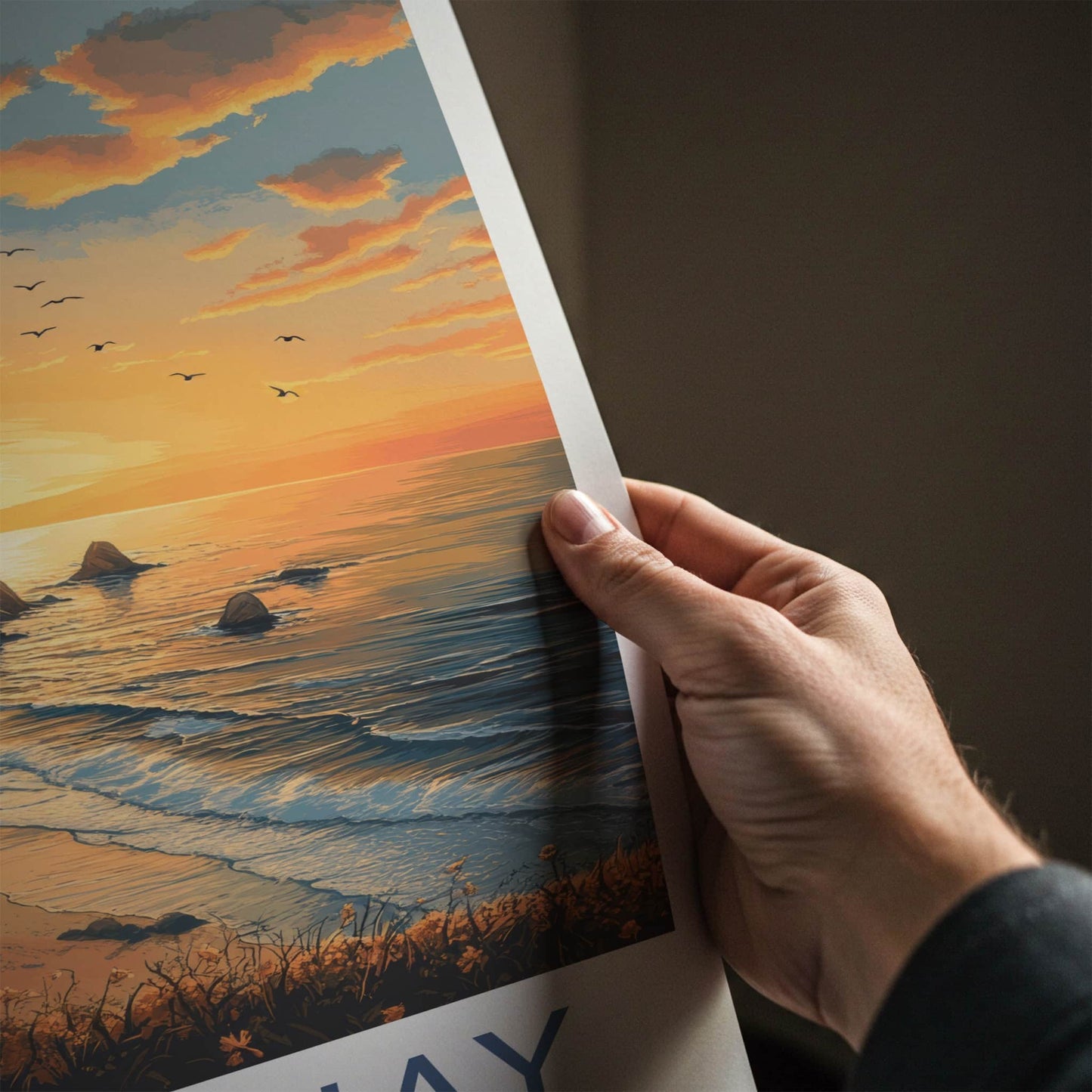 Newquay Poster - England Travel Art - Coastal Sunset Birds Home Decor