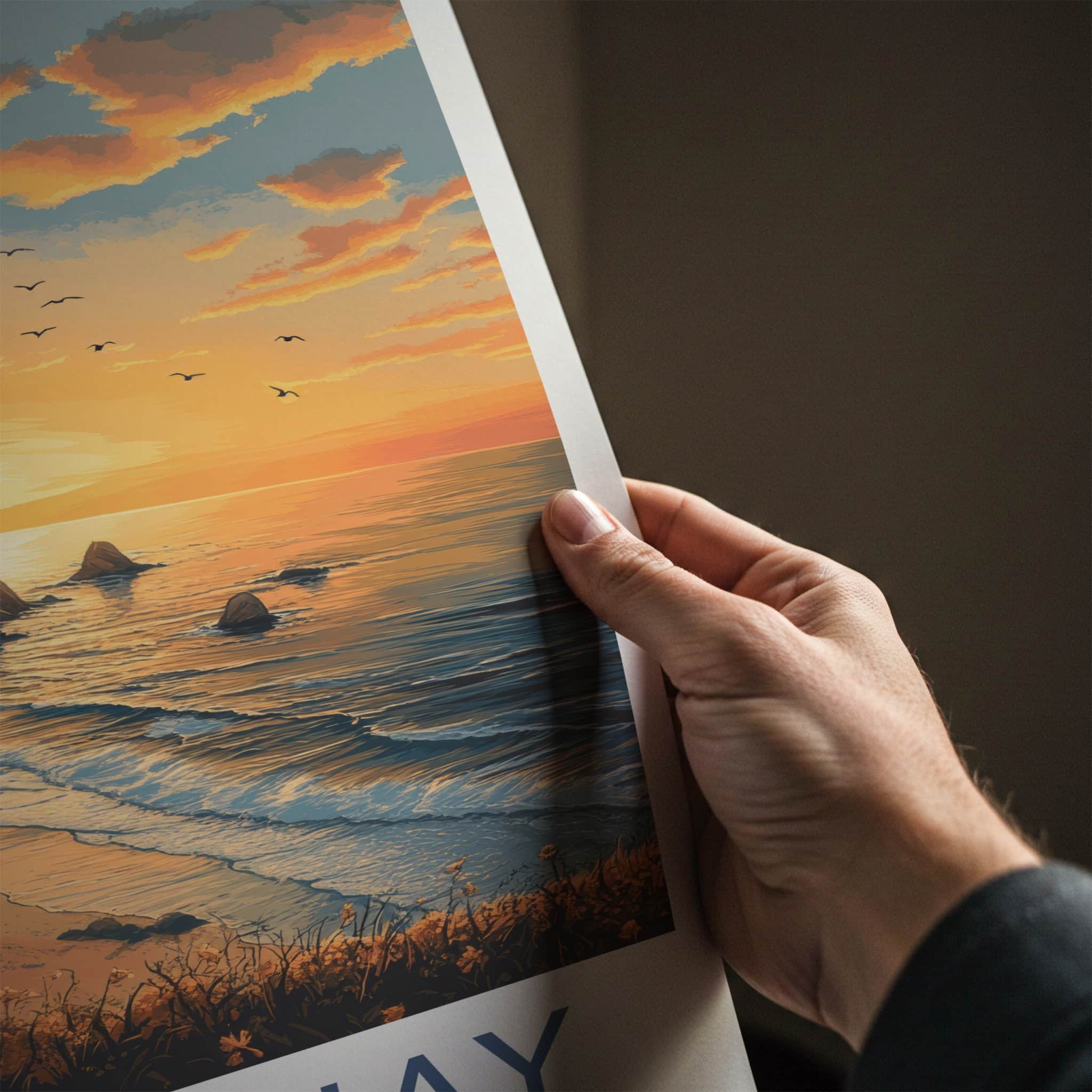 Newquay Poster - England Travel Art - Coastal Sunset Birds Home Decor