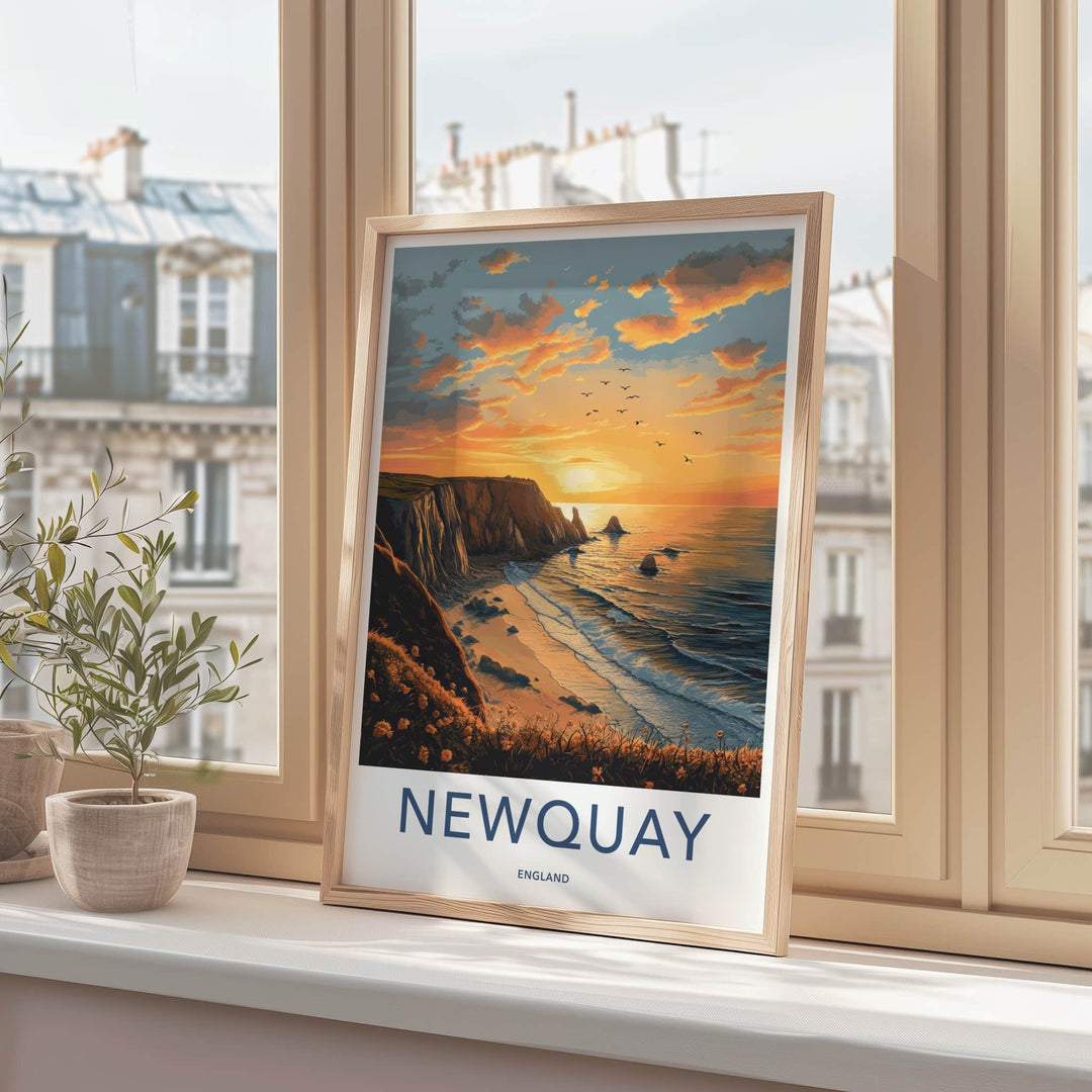 Newquay Poster - England Travel Art - Coastal Sunset Birds Home Decor