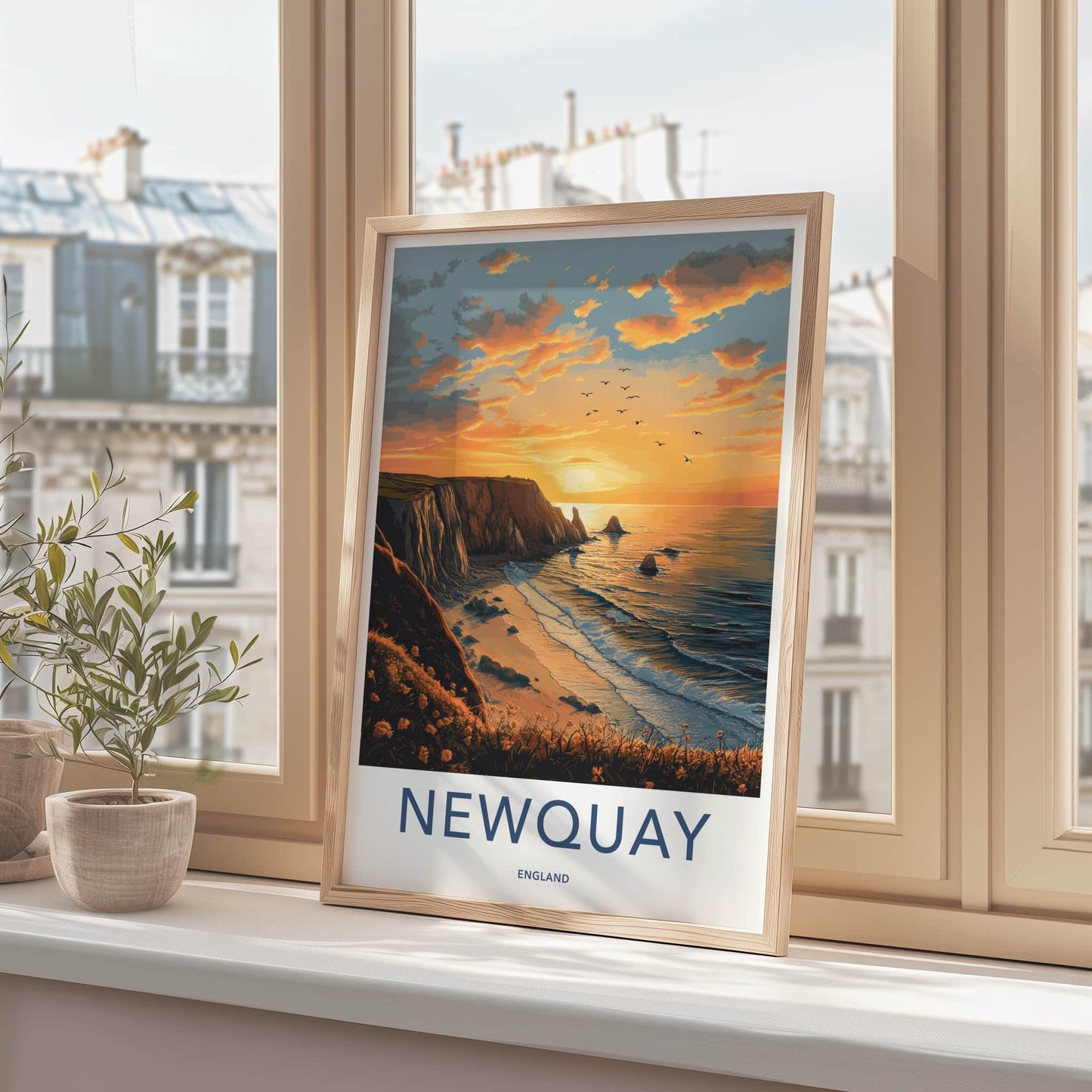 Newquay Poster - England Travel Art - Coastal Sunset Birds Home Decor