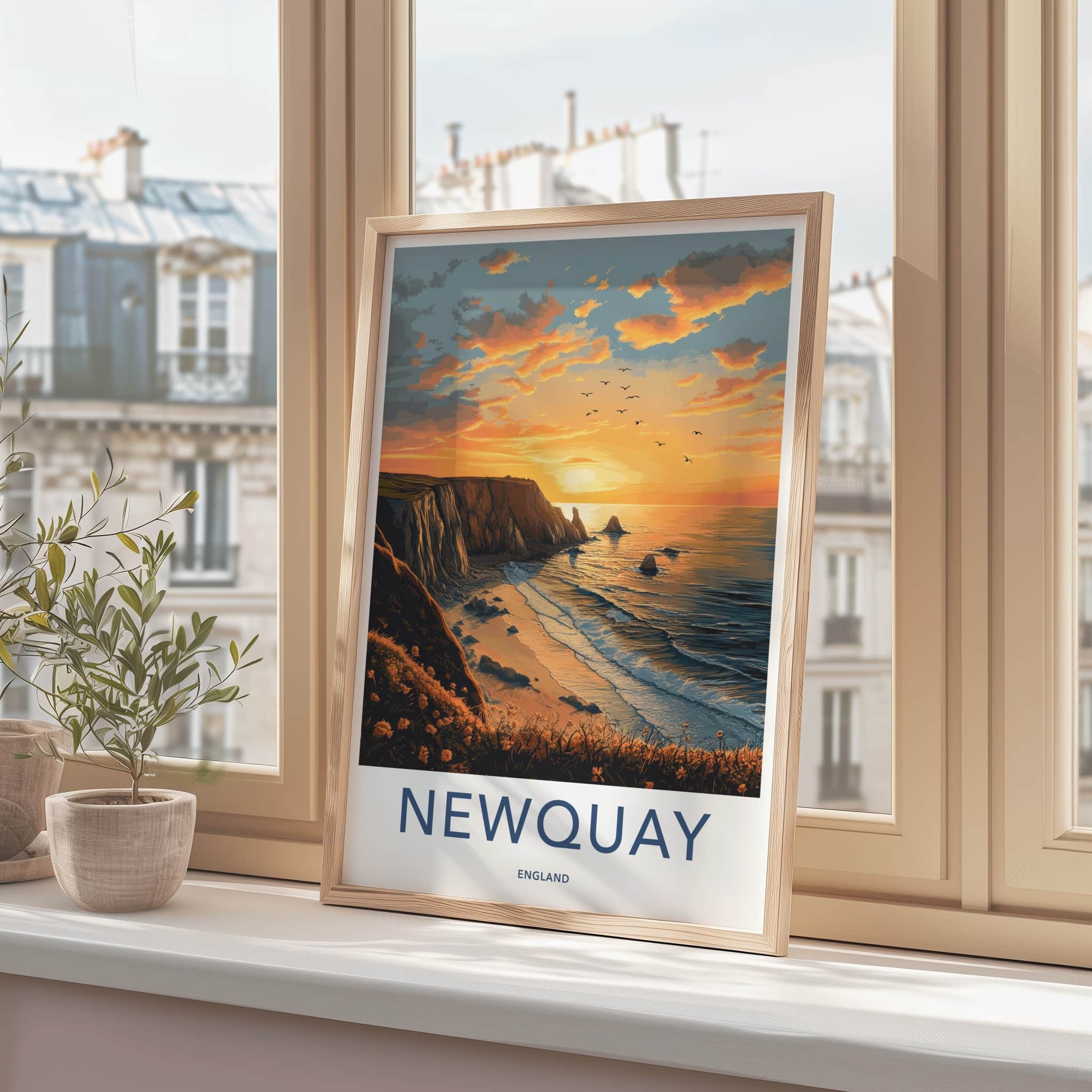 Newquay Poster - England Travel Art - Coastal Sunset Birds Home Decor