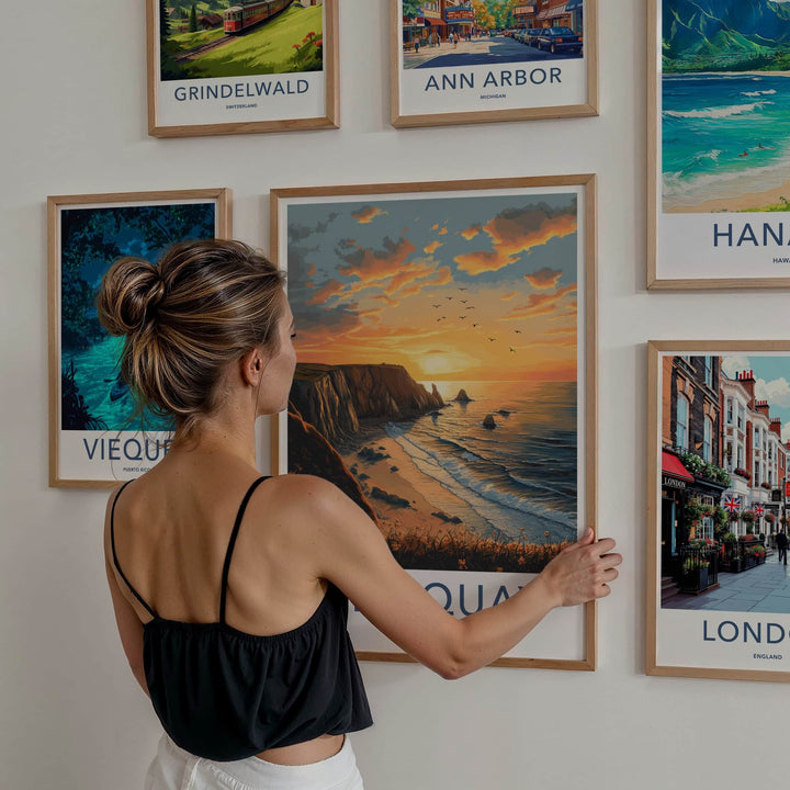 Newquay Poster - England Travel Art - Coastal Sunset Birds Home Decor