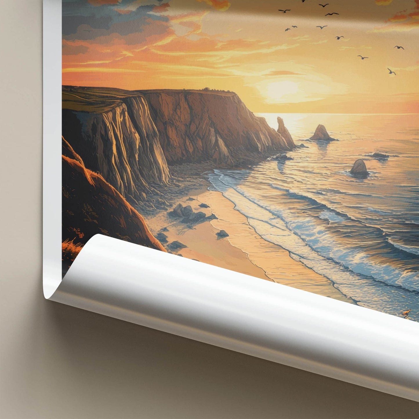 Newquay Poster - England Travel Art - Coastal Sunset Birds Home Decor