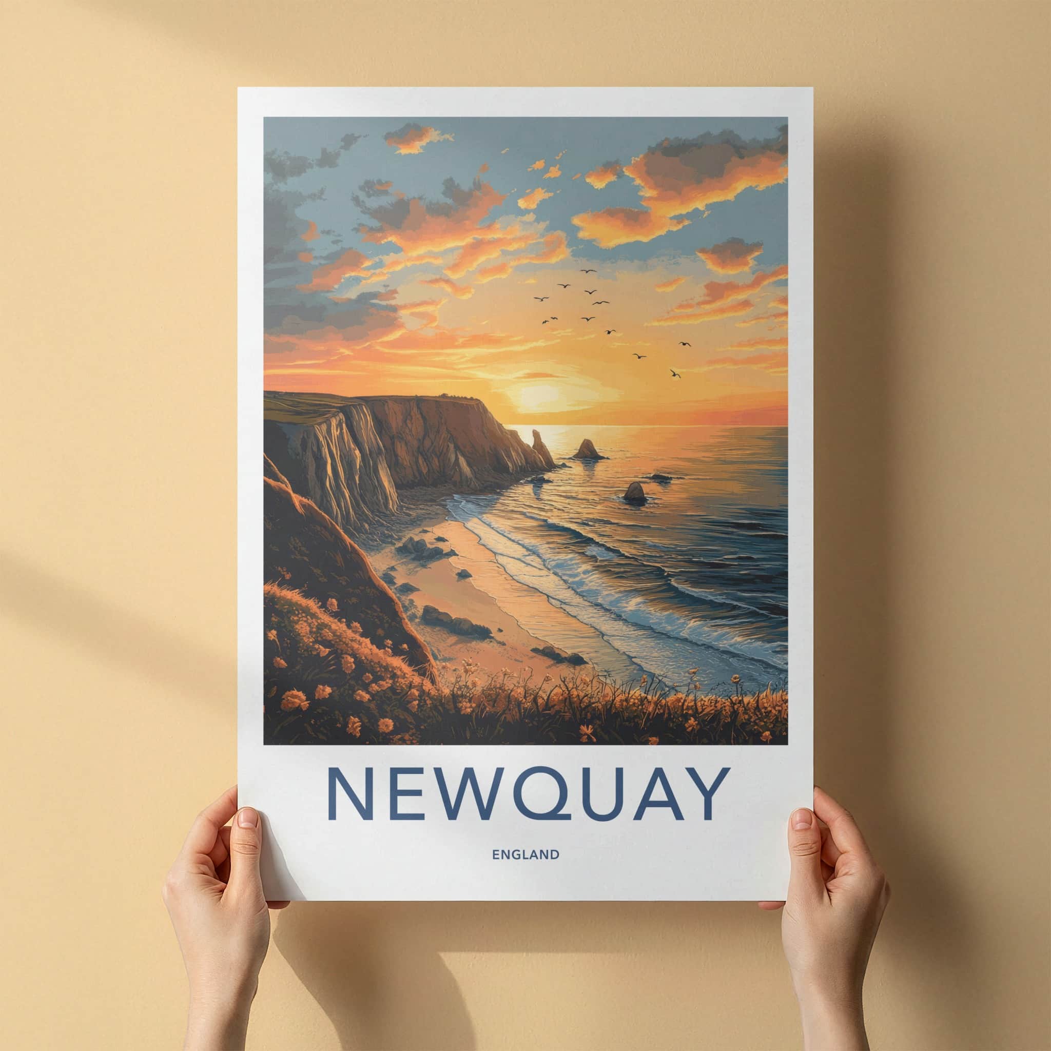 Newquay Poster - England Travel Art - Coastal Sunset Birds Home Decor