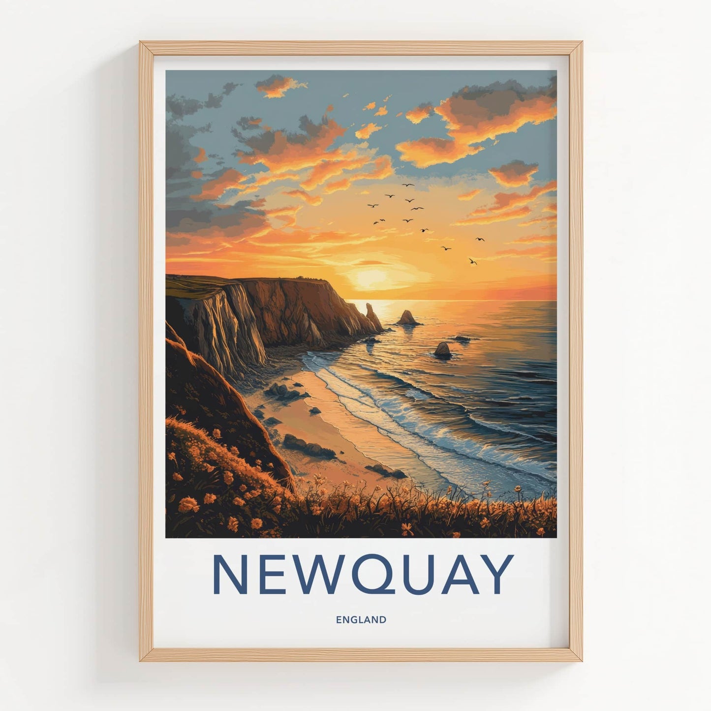 Newquay Poster - England Travel Art - Coastal Sunset Birds Home Decor