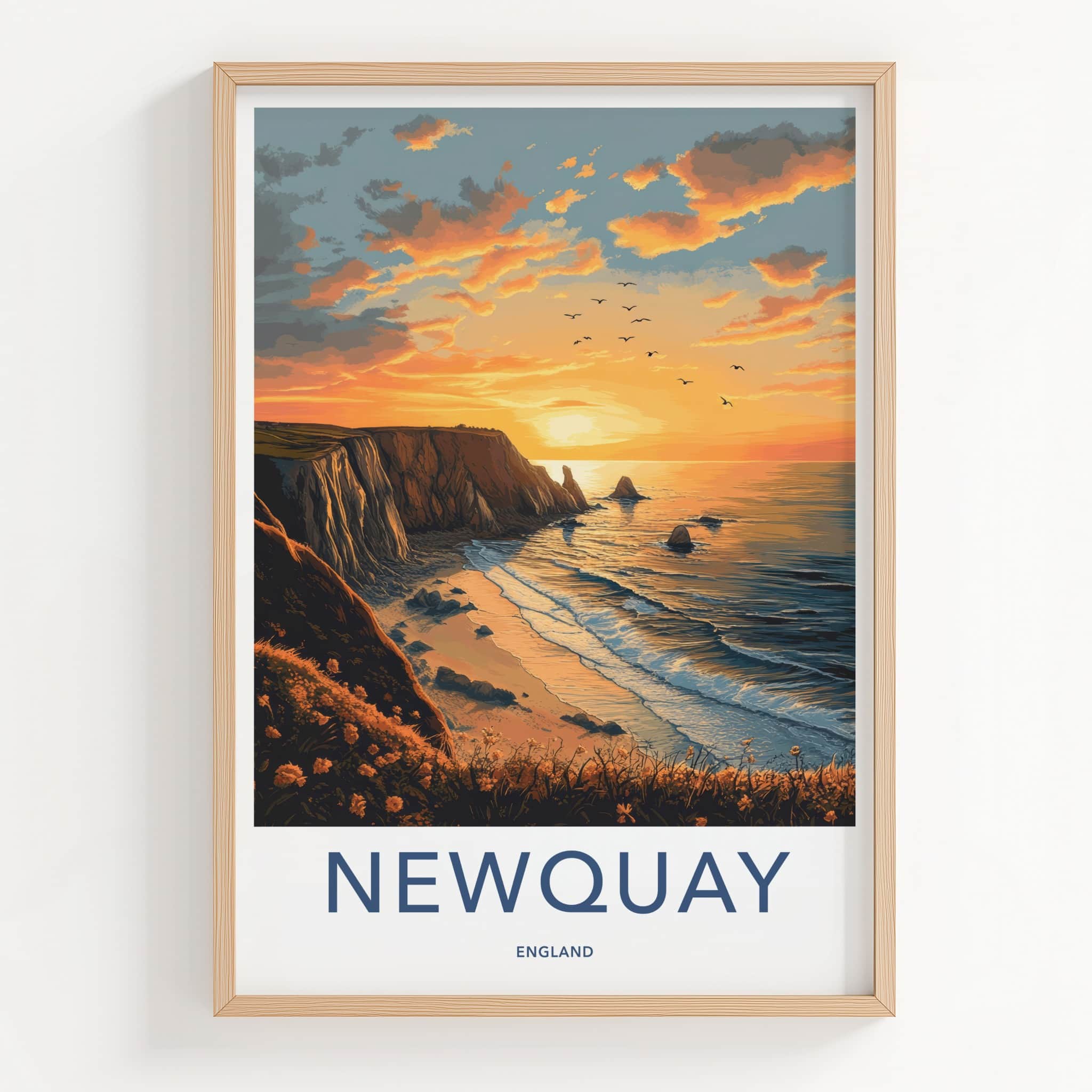 Newquay Poster - England Travel Art - Coastal Sunset Birds Home Decor