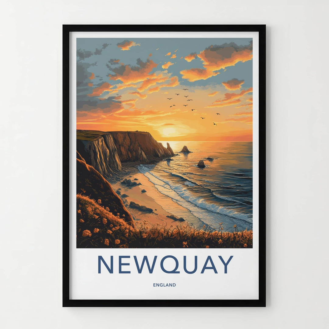 Newquay Poster - England Travel Art - Coastal Sunset Birds Home Decor