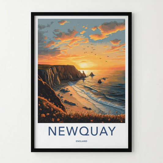 Newquay Poster - England Travel Art - Coastal Sunset Birds Home Decor