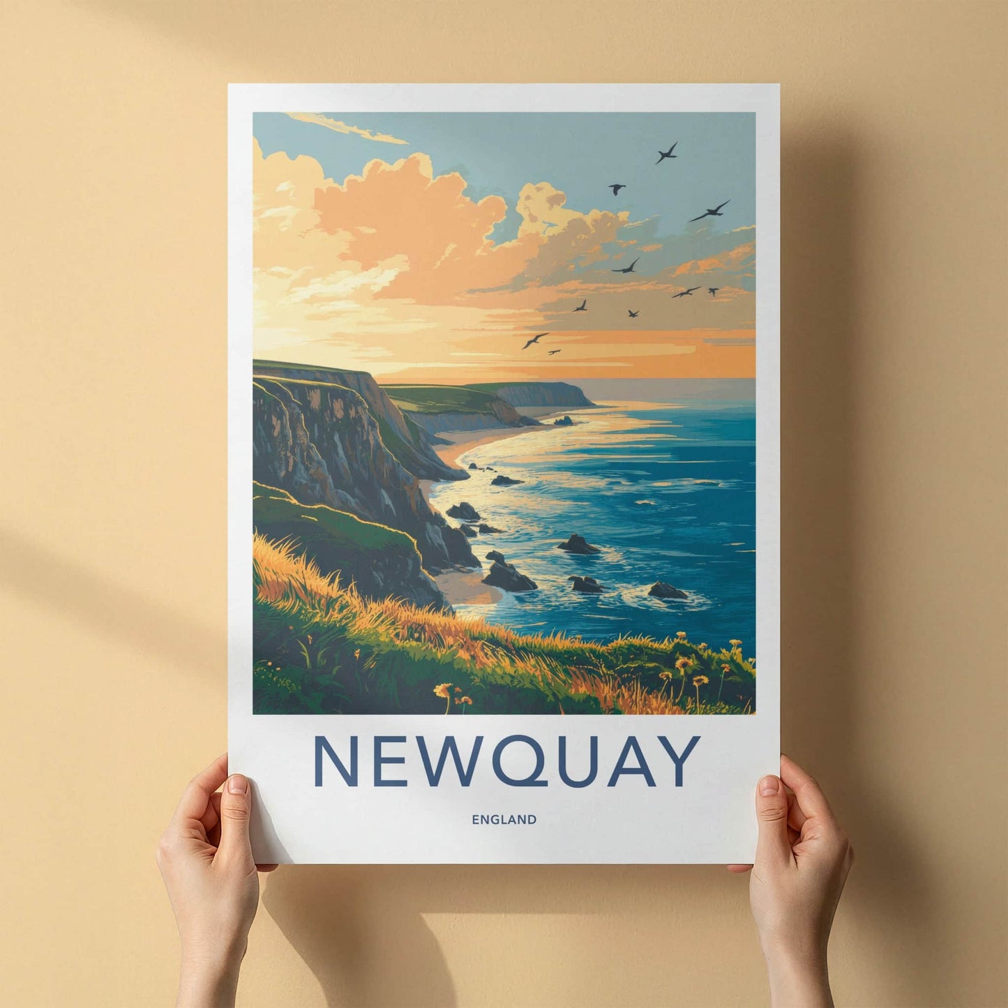 Newquay Poster - England Travel Art - Golden Hour Coast Home Decor