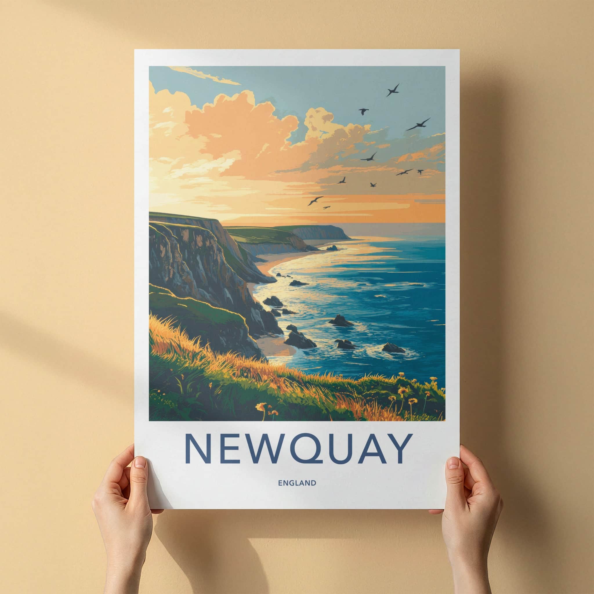 Newquay Poster - England Travel Art - Golden Hour Coast Home Decor