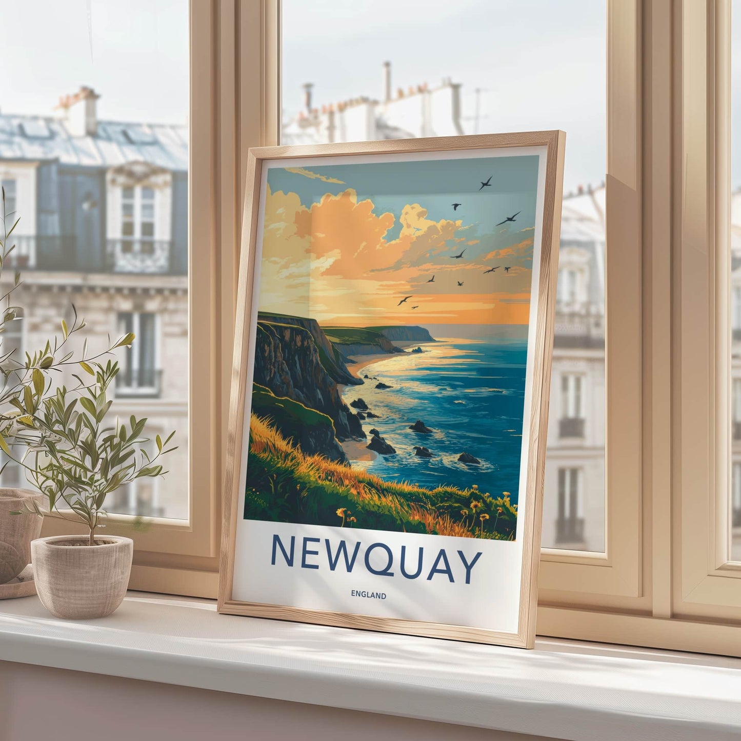 Newquay Poster - England Travel Art - Golden Hour Coast Home Decor