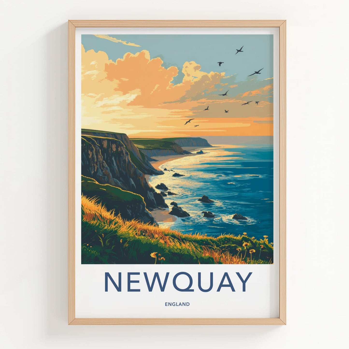 Newquay Poster - England Travel Art - Golden Hour Coast Home Decor