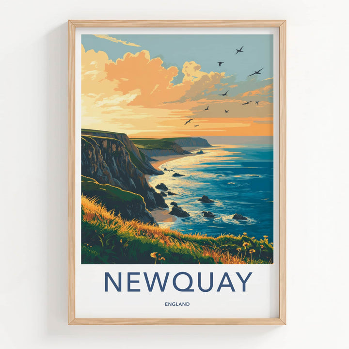 Newquay Poster - England Travel Art - Golden Hour Coast Home Decor