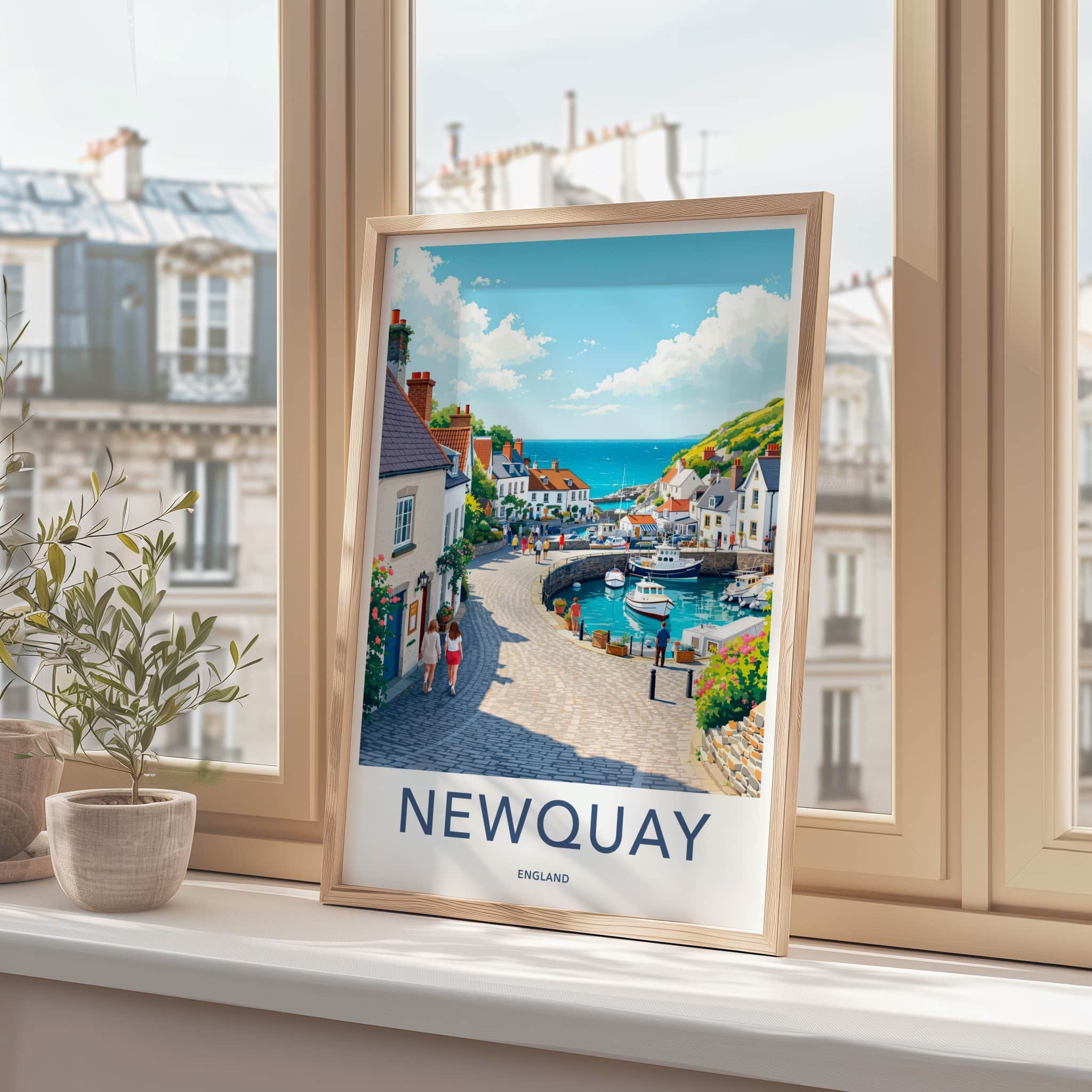 Newquay Poster - England Travel Art - Sunny Harbor View Home Decor