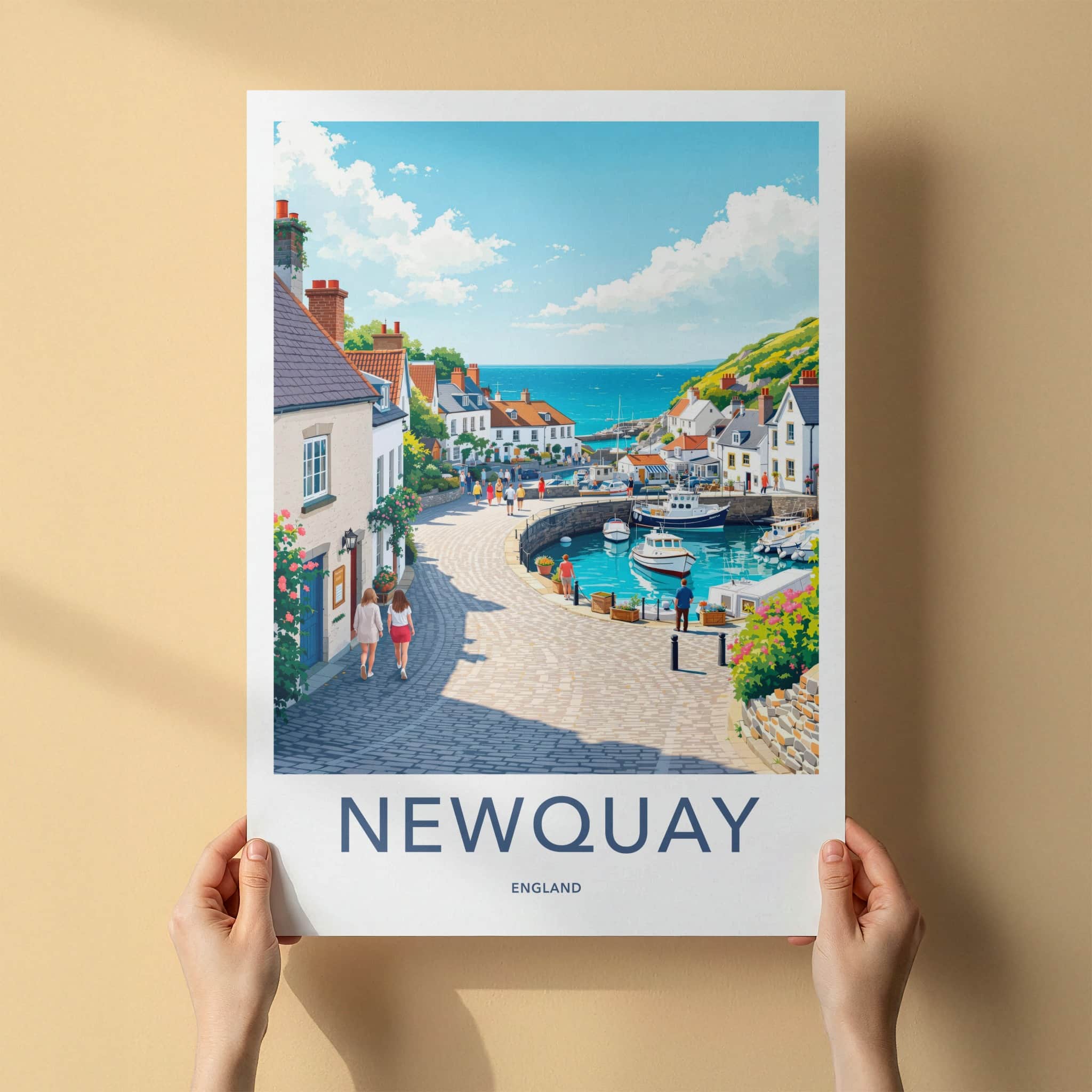 Newquay Poster - England Travel Art - Sunny Harbor View Home Decor
