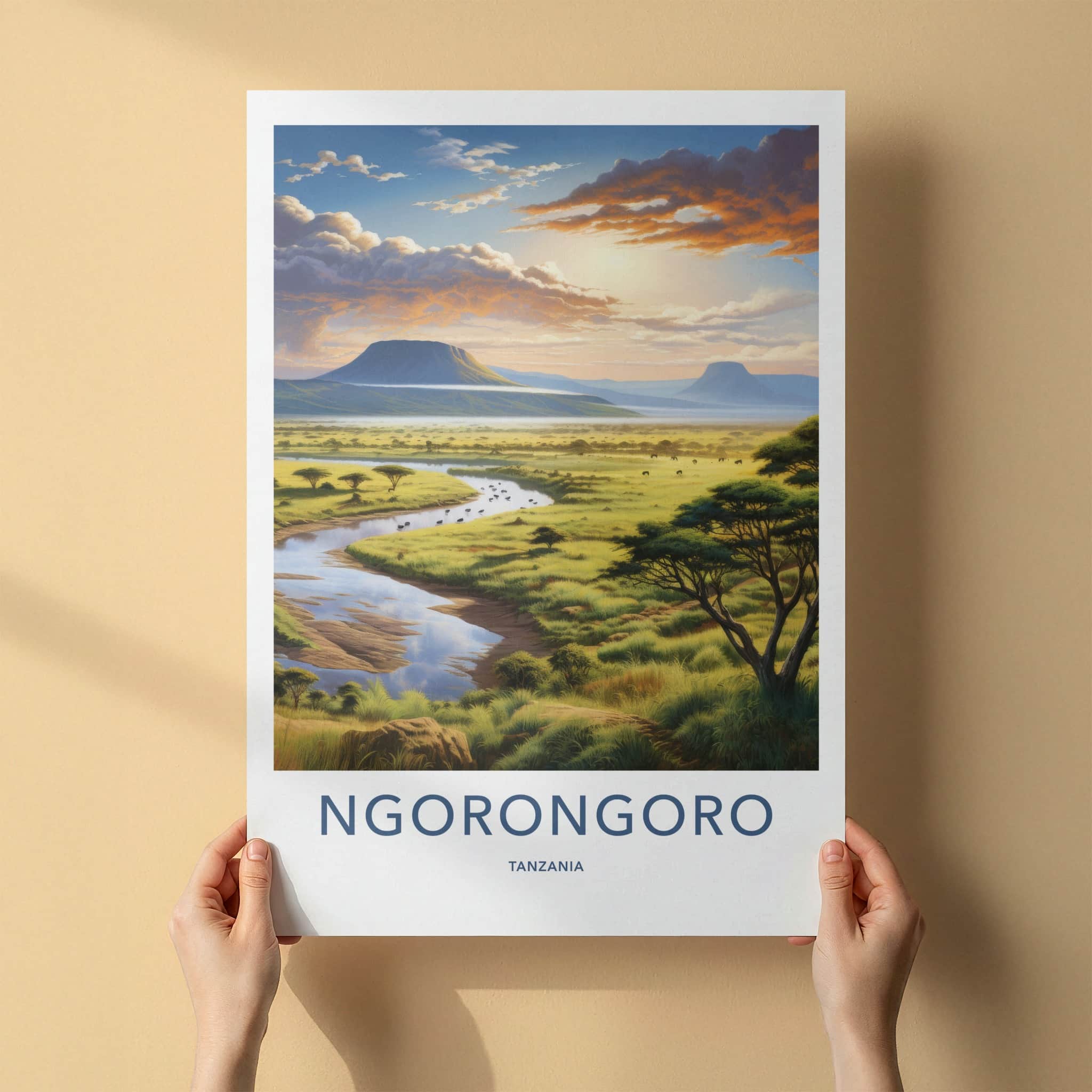 Ngorongoro Poster - Tanzania Travel Art - African River Landscape Home Decor