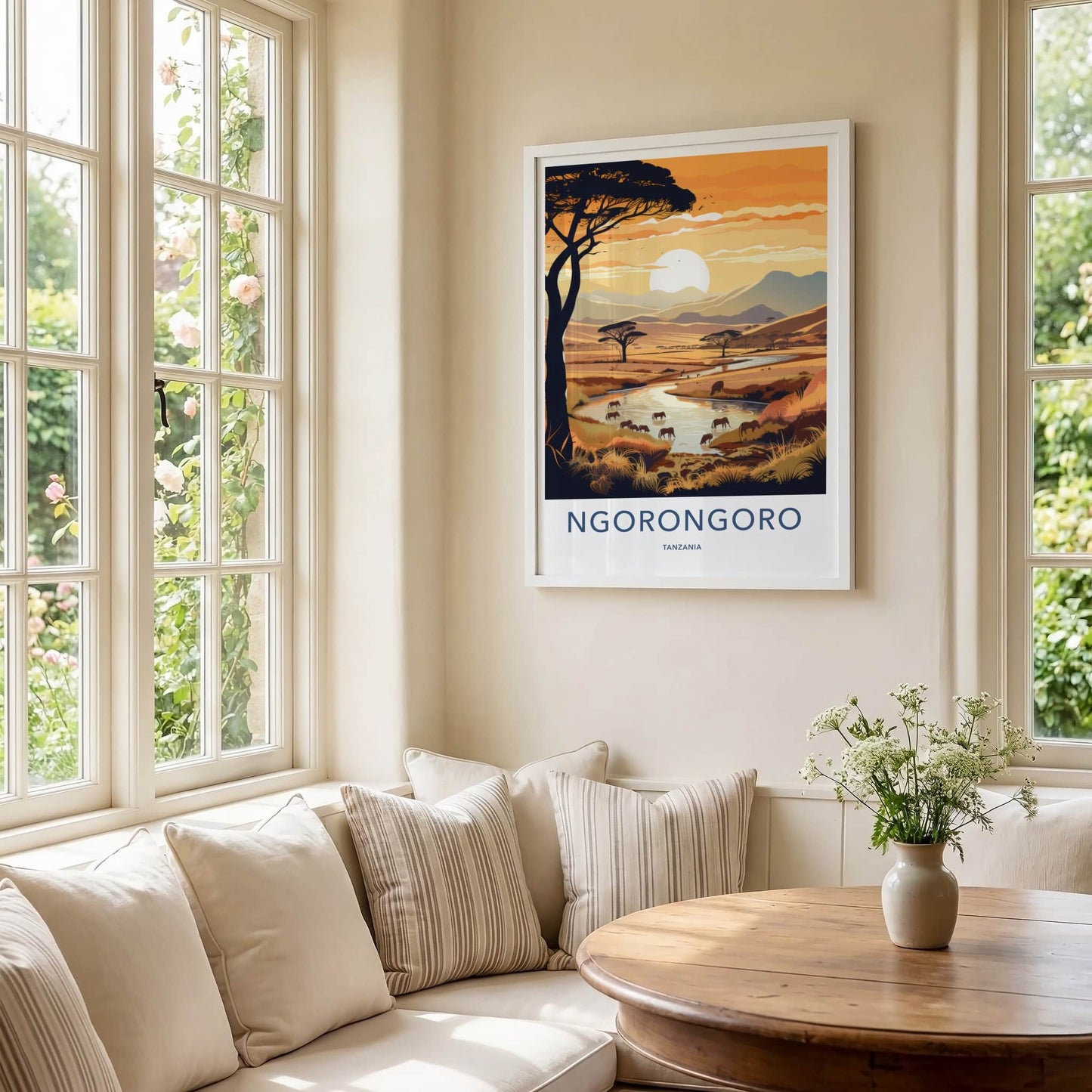 Ngorongoro Poster - Tanzania Travel Art - Savanna Sunset Elephants Home Decor