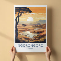 Ngorongoro Poster - Tanzania Travel Art - Savanna Sunset Elephants Home Decor