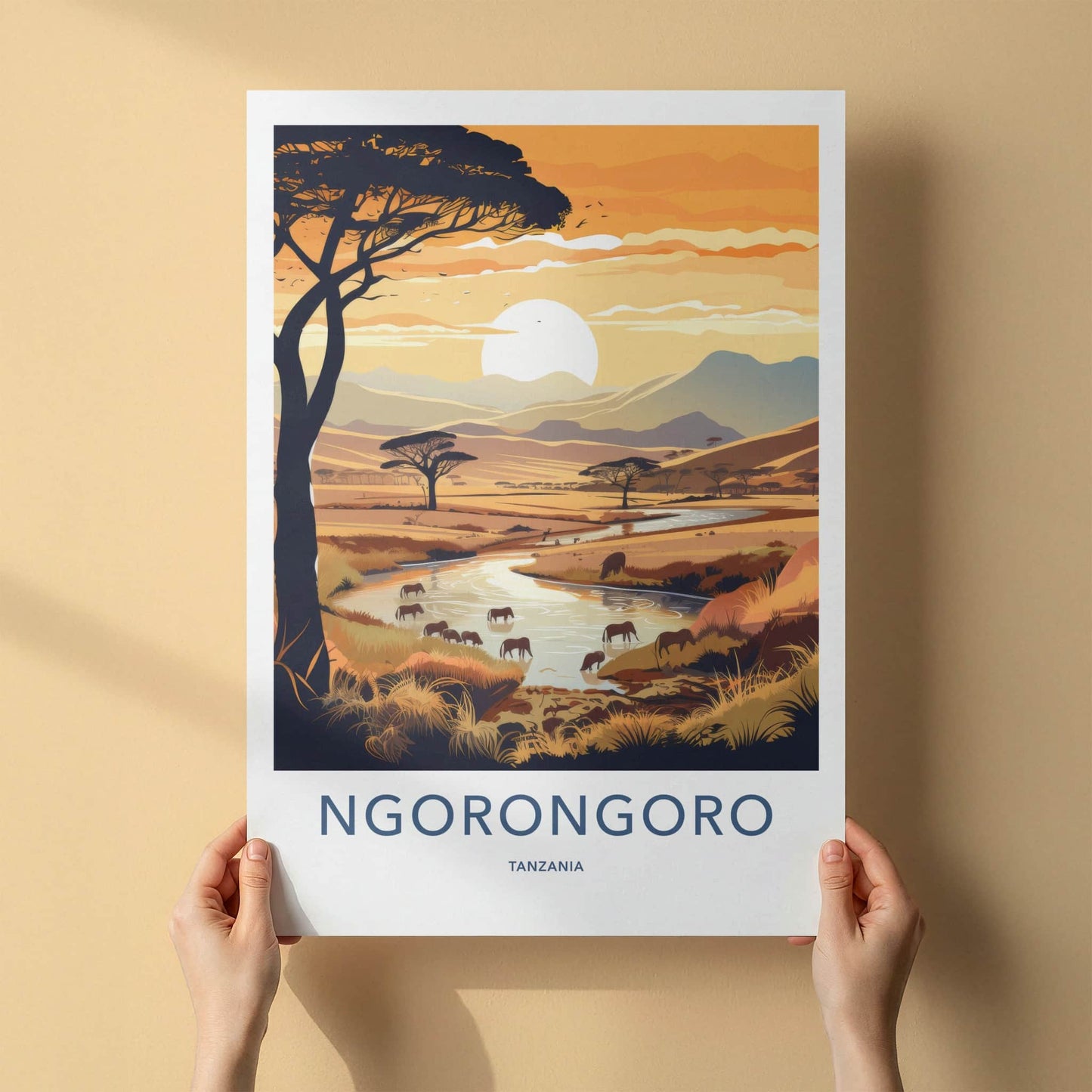 Ngorongoro Poster - Tanzania Travel Art - Savanna Sunset Elephants Home Decor