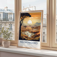 Ngorongoro Poster - Tanzania Travel Art - Savanna Sunset Elephants Home Decor