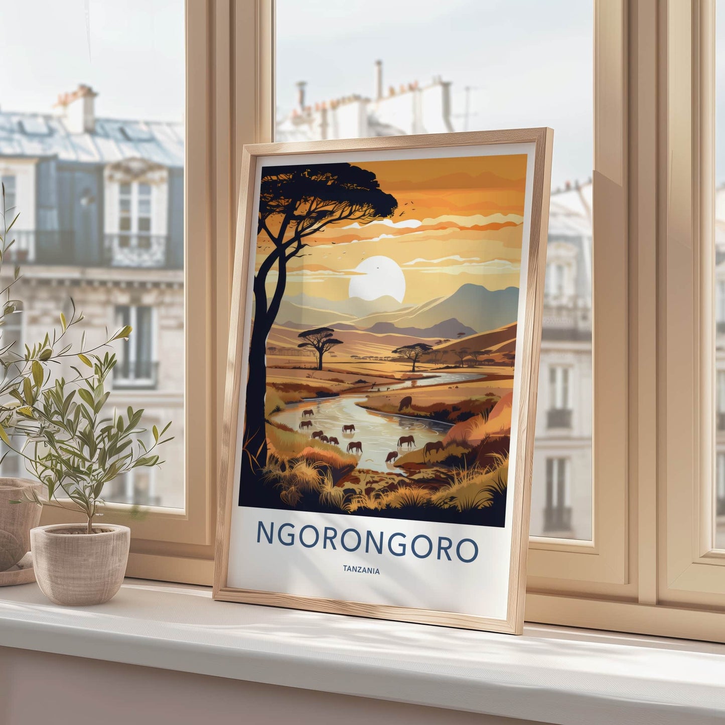 Ngorongoro Poster - Tanzania Travel Art - Savanna Sunset Elephants Home Decor