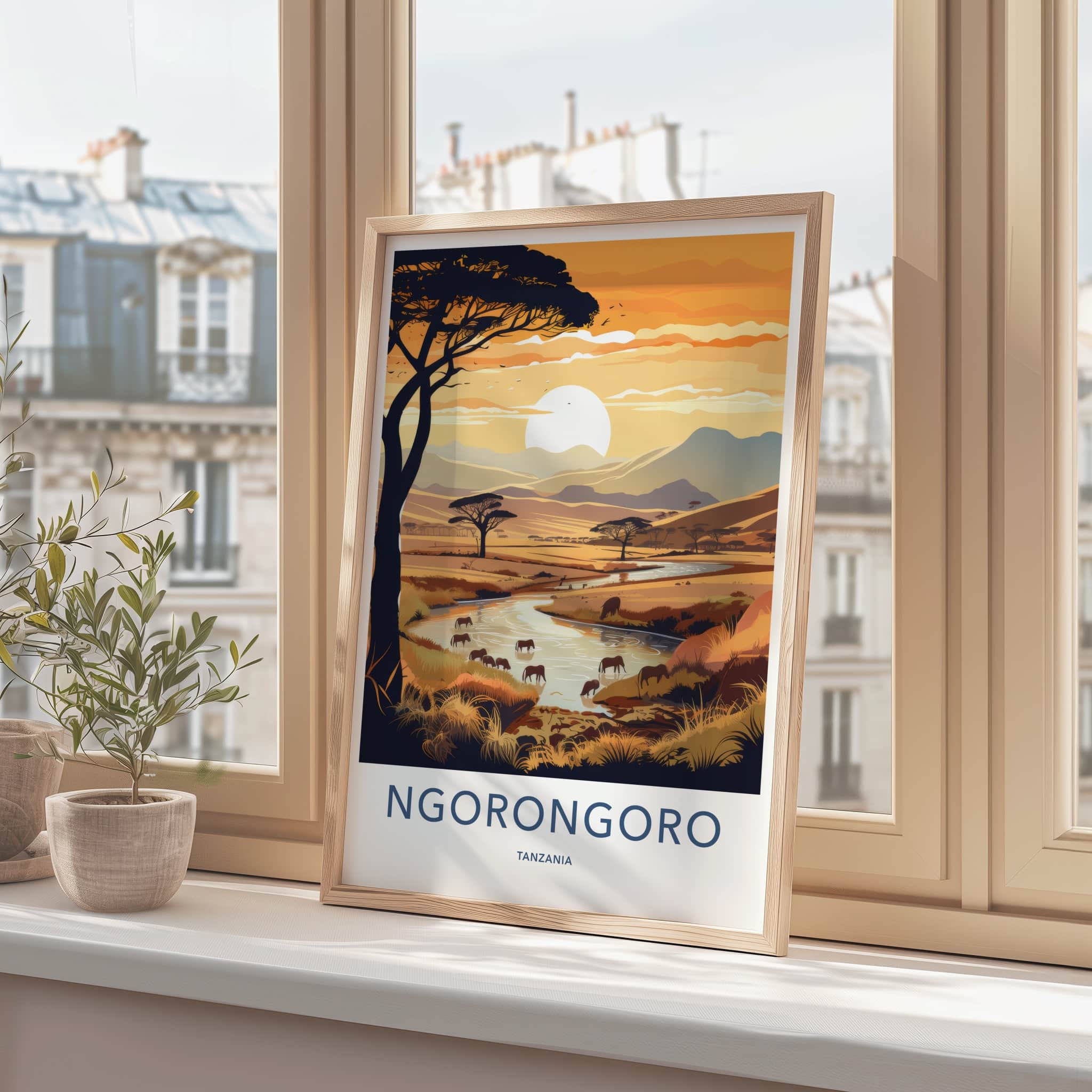 Ngorongoro Poster - Tanzania Travel Art - Savanna Sunset Elephants Home Decor