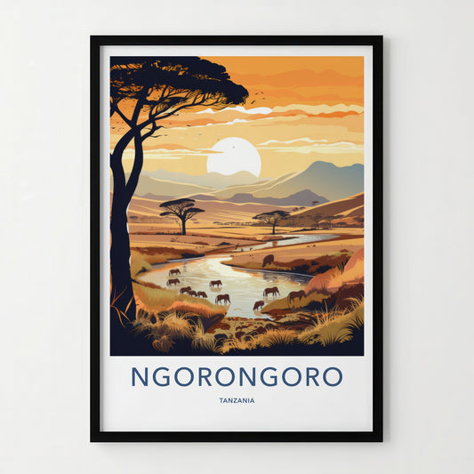 Ngorongoro Poster - Tanzania Travel Art - Savanna Sunset Elephants Home Decor