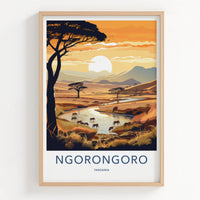 Ngorongoro Poster - Tanzania Travel Art - Savanna Sunset Elephants Home Decor