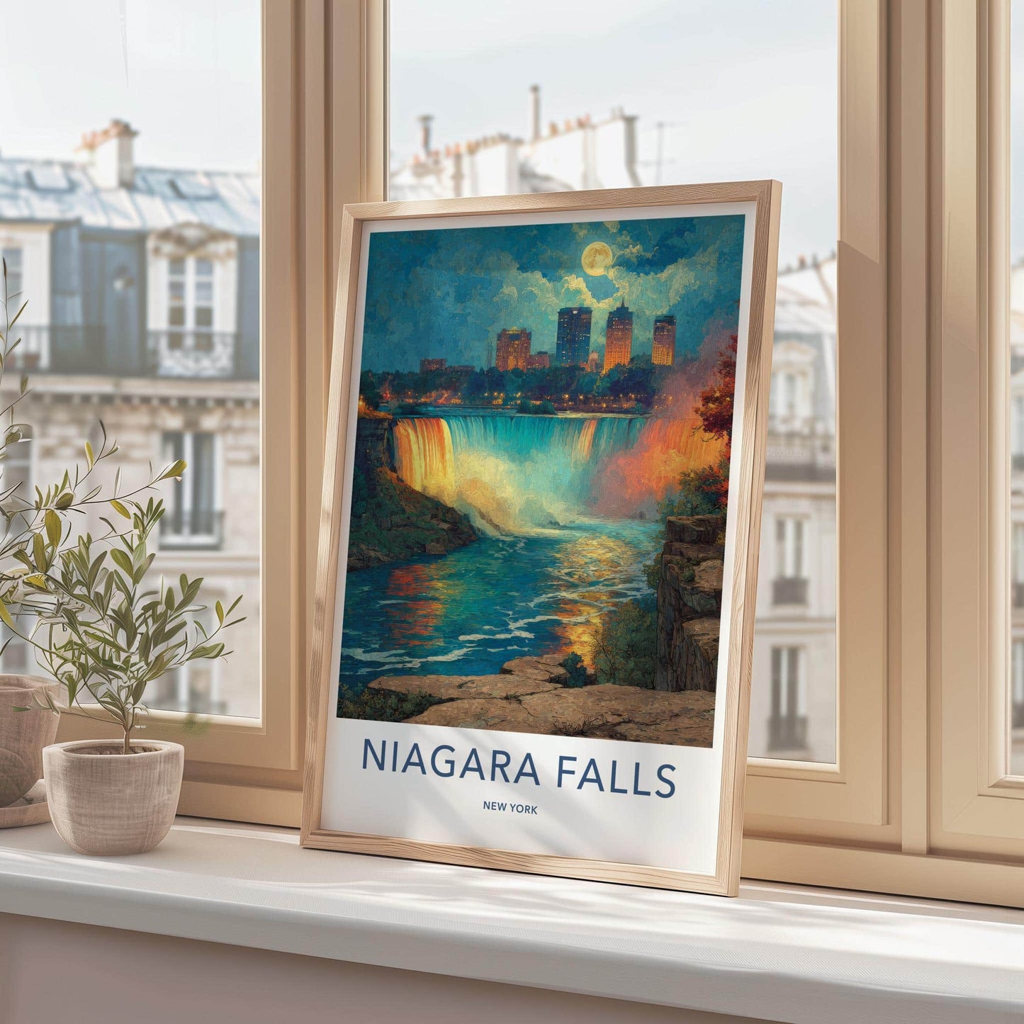 Niagara Falls Poster - New York Travel Art - Moonlit City Falls Home Decor