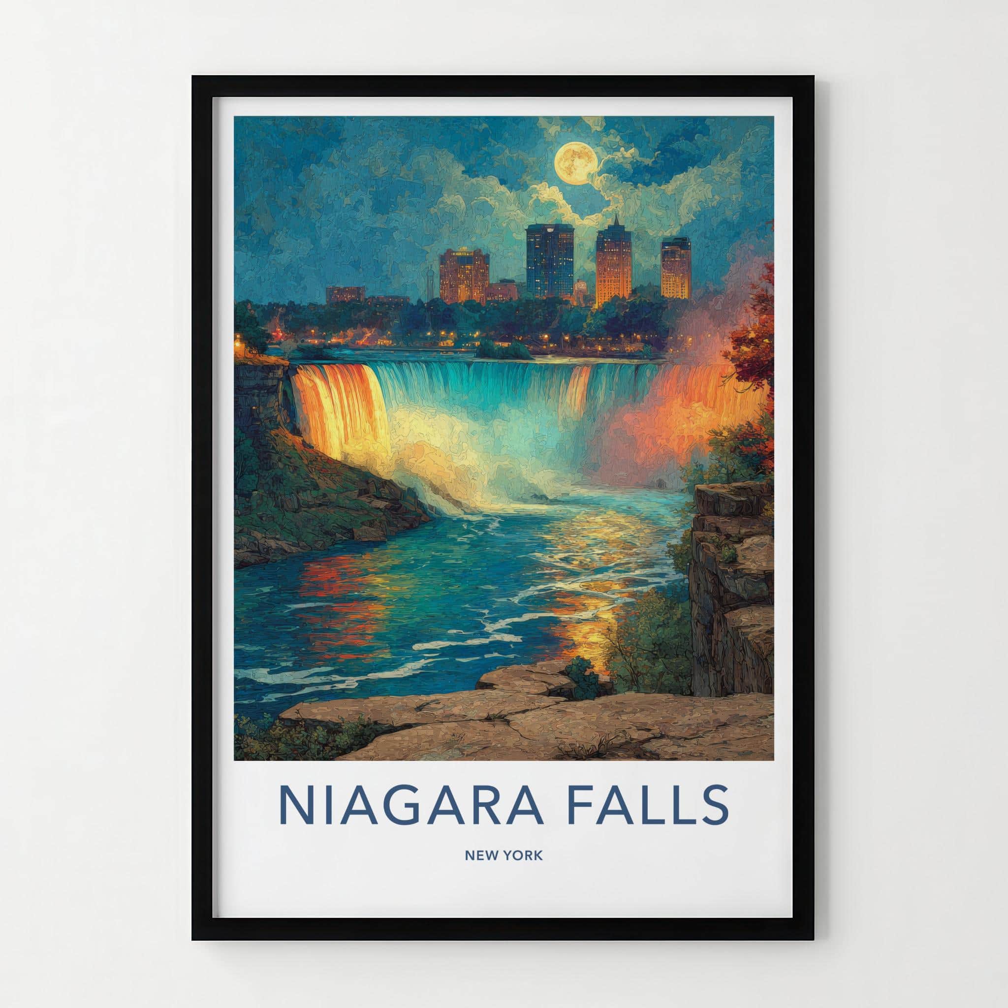 Niagara Falls Poster - New York Travel Art - Moonlit City Falls Home Decor