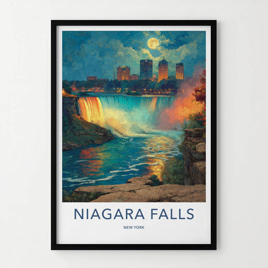Niagara Falls Poster - New York Travel Art - Moonlit City Falls Home Decor