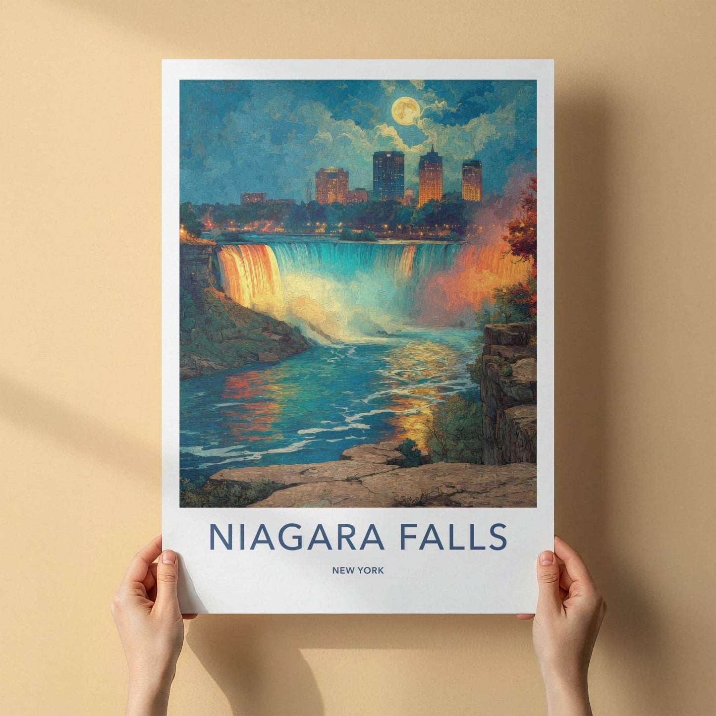 Niagara Falls Poster - New York Travel Art - Moonlit City Falls Home Decor