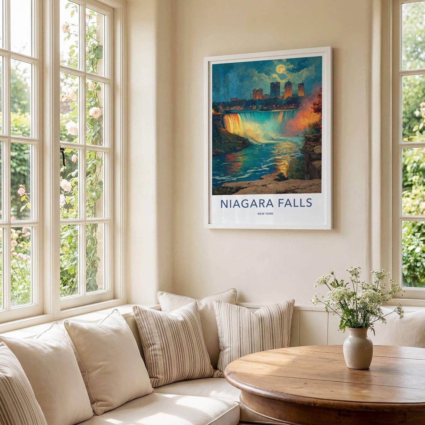 Niagara Falls Poster - New York Travel Art - Moonlit City Falls Home Decor