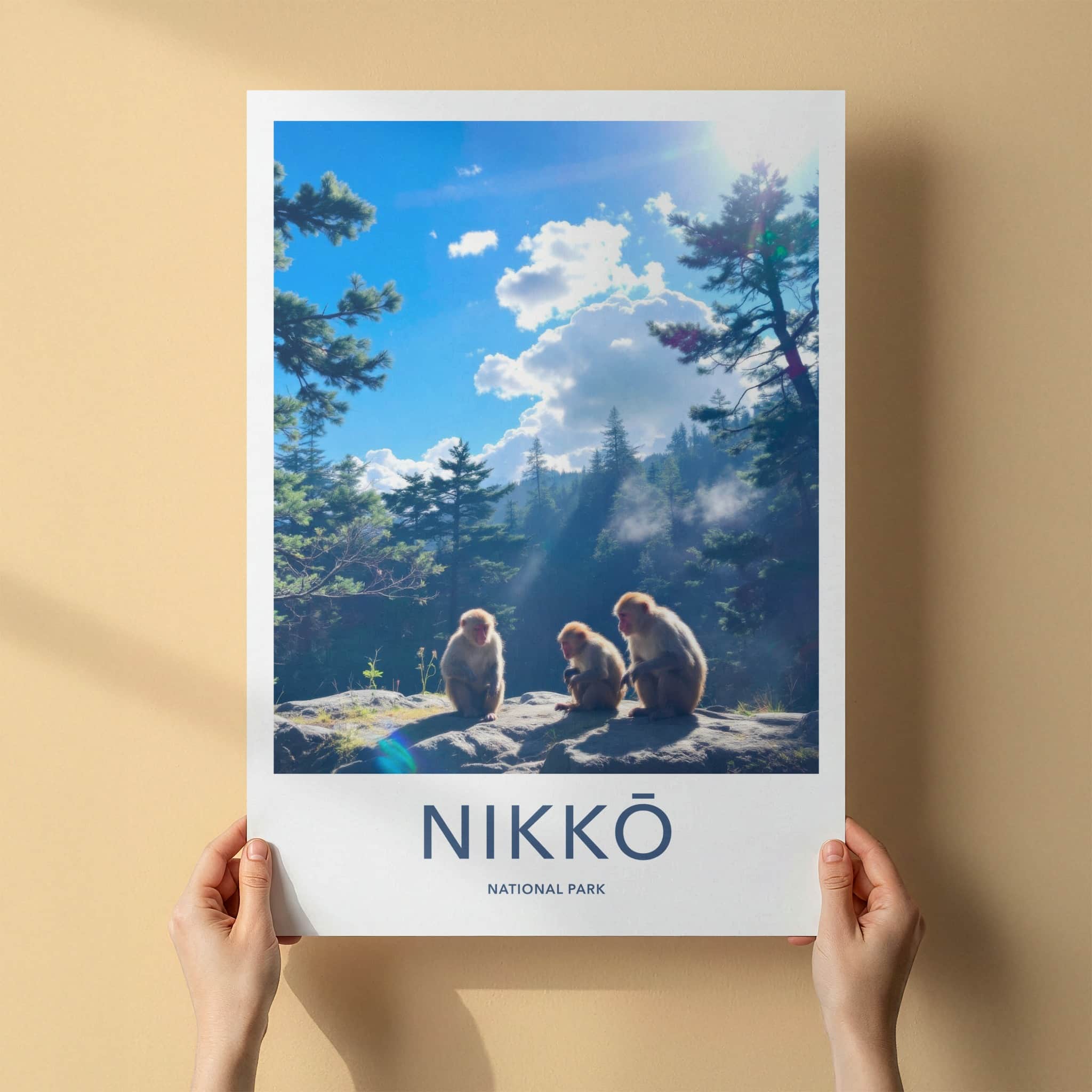 Nikko National Park Poster - Japan Travel Art - Sitting Monkeys Sunny Wall Decor
