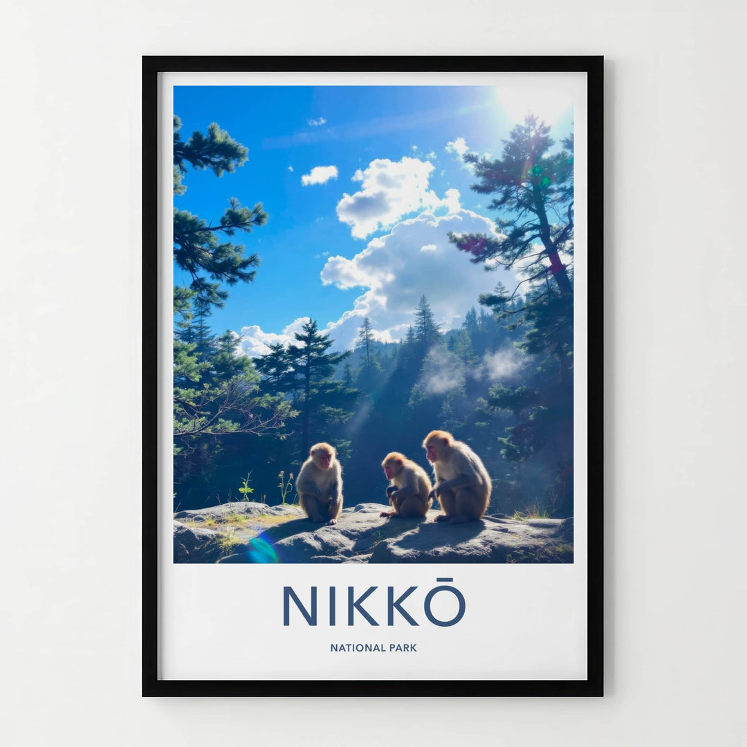 Nikko National Park Poster - Japan Travel Art - Sitting Monkeys Sunny Wall Decor