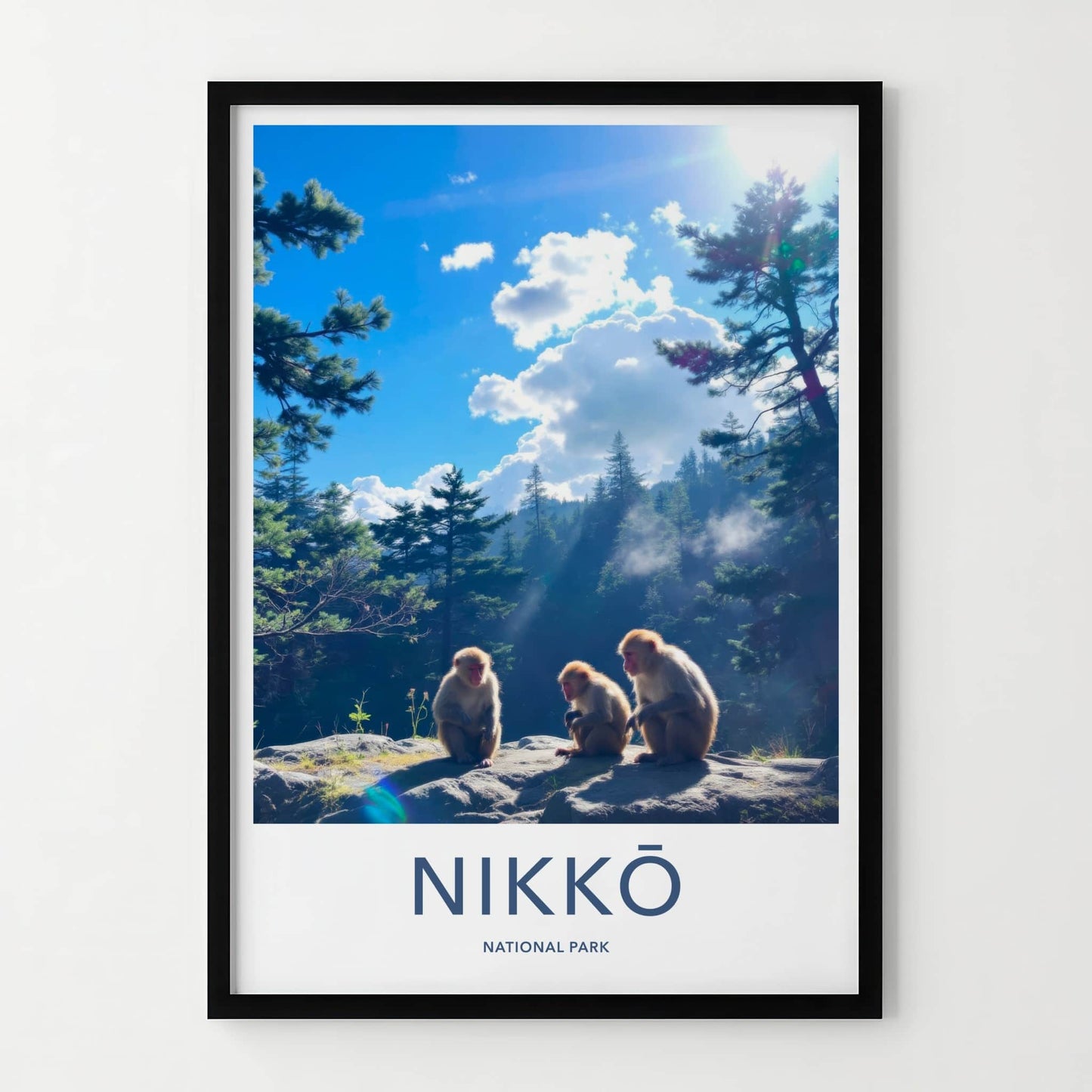 Nikko National Park Poster - Japan Travel Art - Sitting Monkeys Sunny Wall Decor