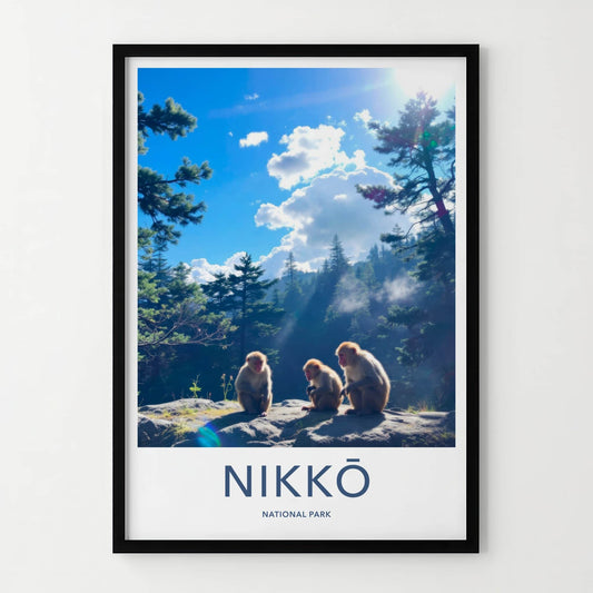 Nikko National Park Poster - Japan Travel Art - Sitting Monkeys Sunny Wall Decor