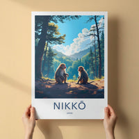 Nikko Poster - Japan Wall Art - Sitting Monkeys Forest Home Decor