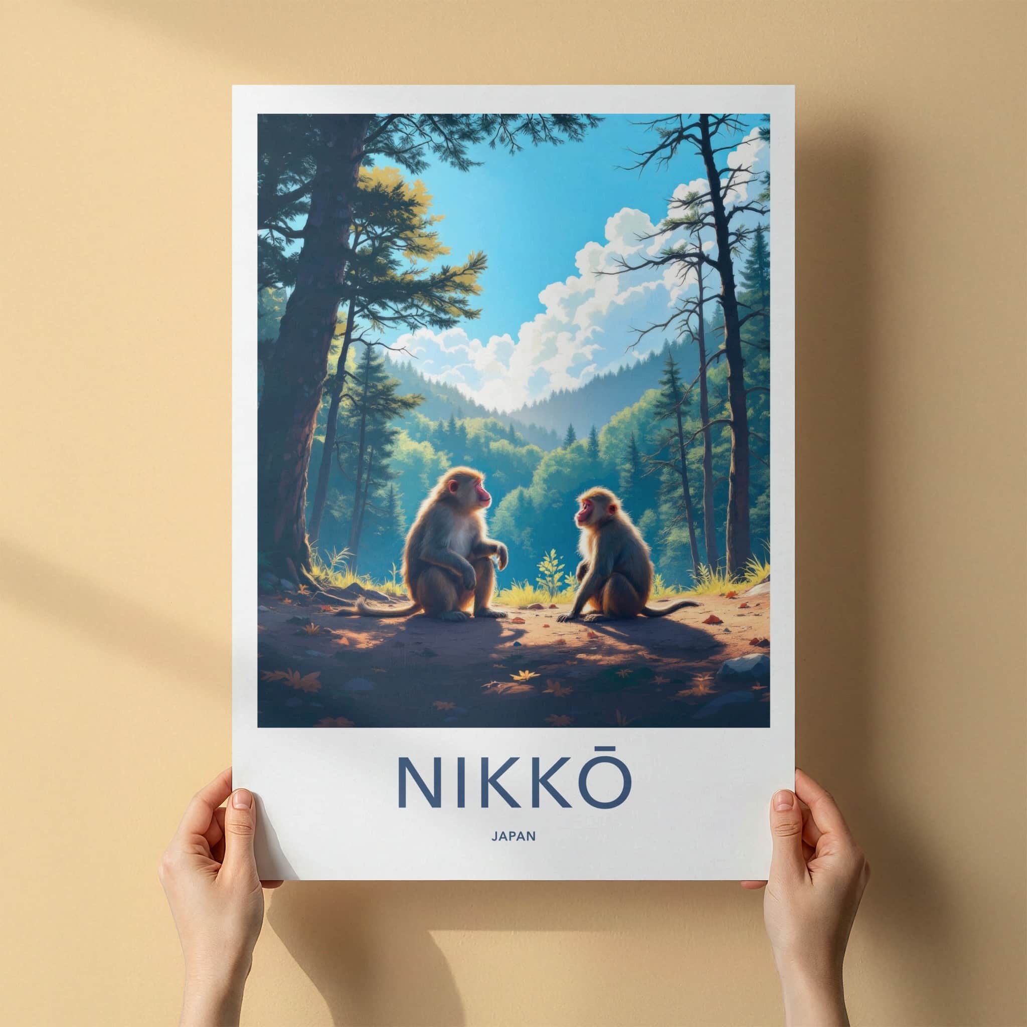 Nikko Poster - Japan Wall Art - Sitting Monkeys Forest Home Decor
