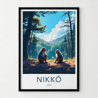 Nikko Poster - Japan Wall Art - Sitting Monkeys Forest Home Decor