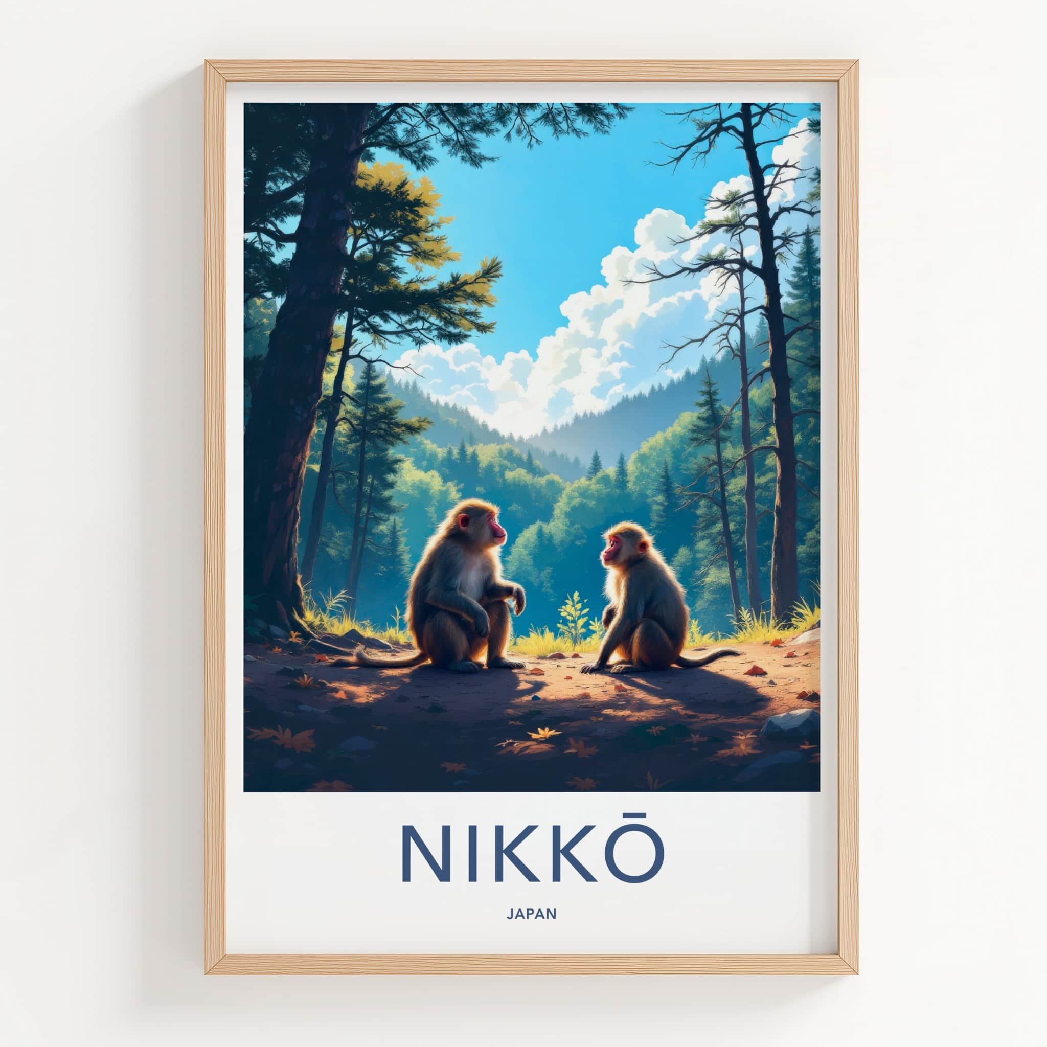 Nikko Poster - Japan Wall Art - Sitting Monkeys Forest Home Decor