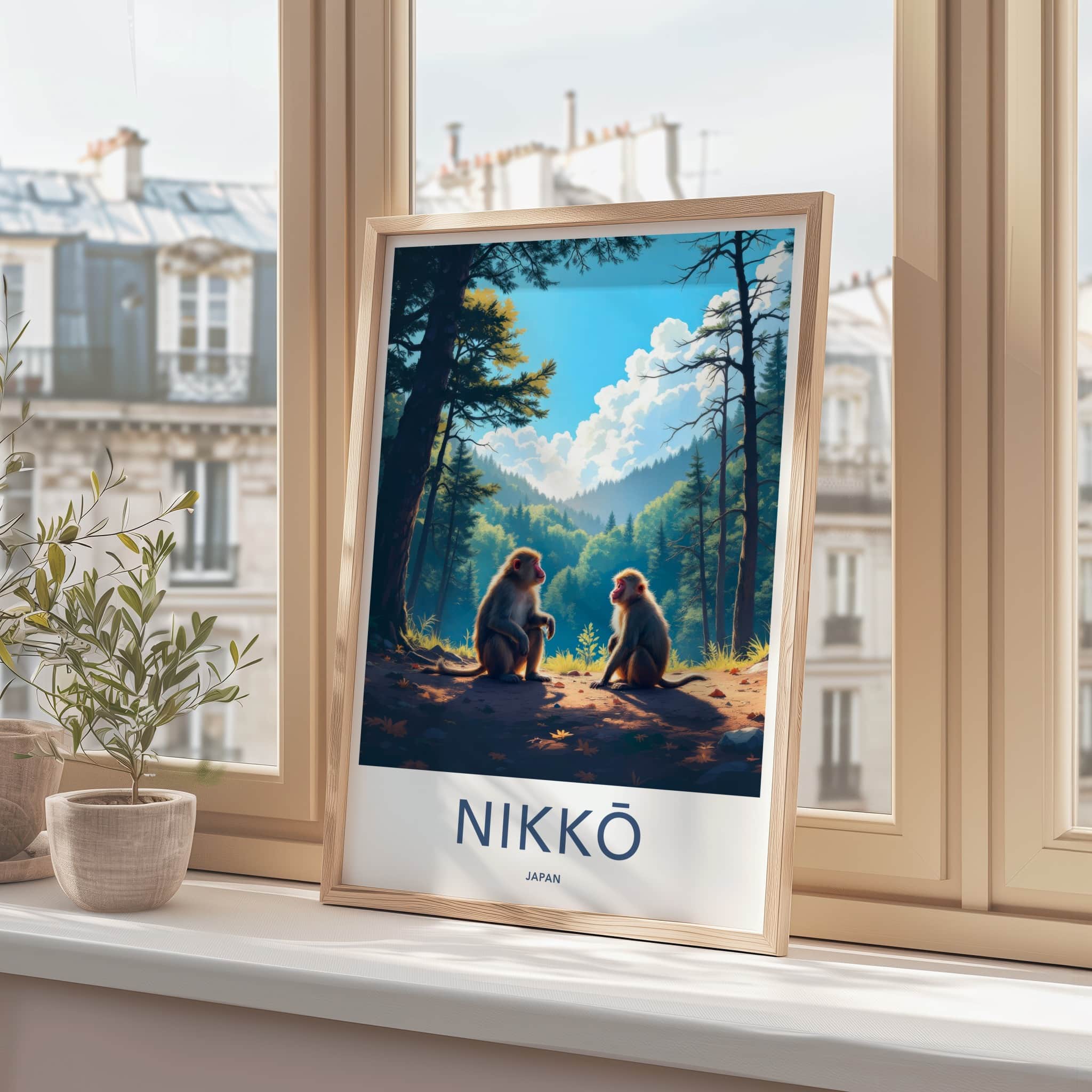 Nikko Poster - Japan Wall Art - Sitting Monkeys Forest Home Decor