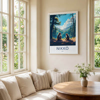 Nikko Poster - Japan Wall Art - Sitting Monkeys Forest Home Decor