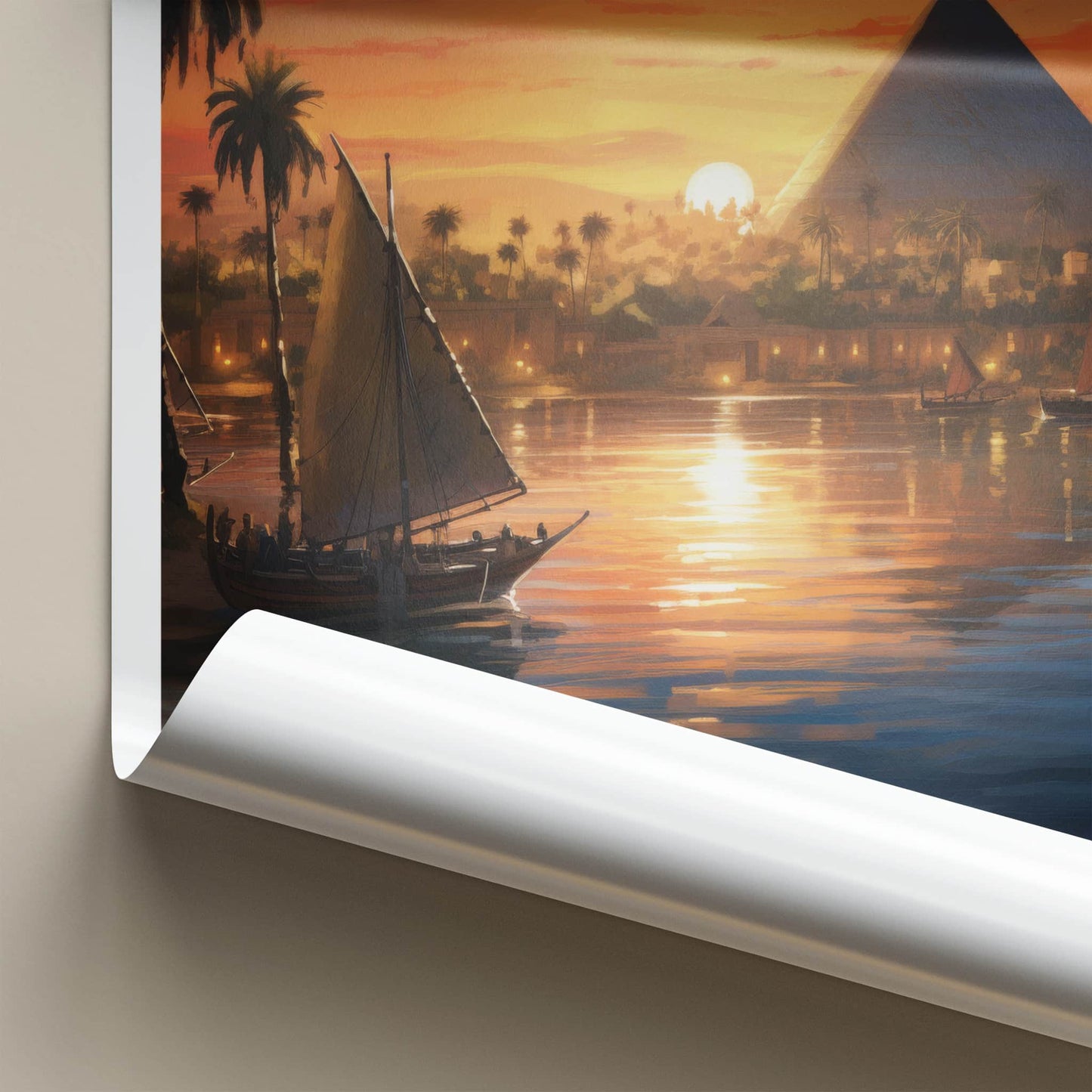 Nile River Poster - Egypt Travel Art - Sunset Pyramid Boats Home Decor