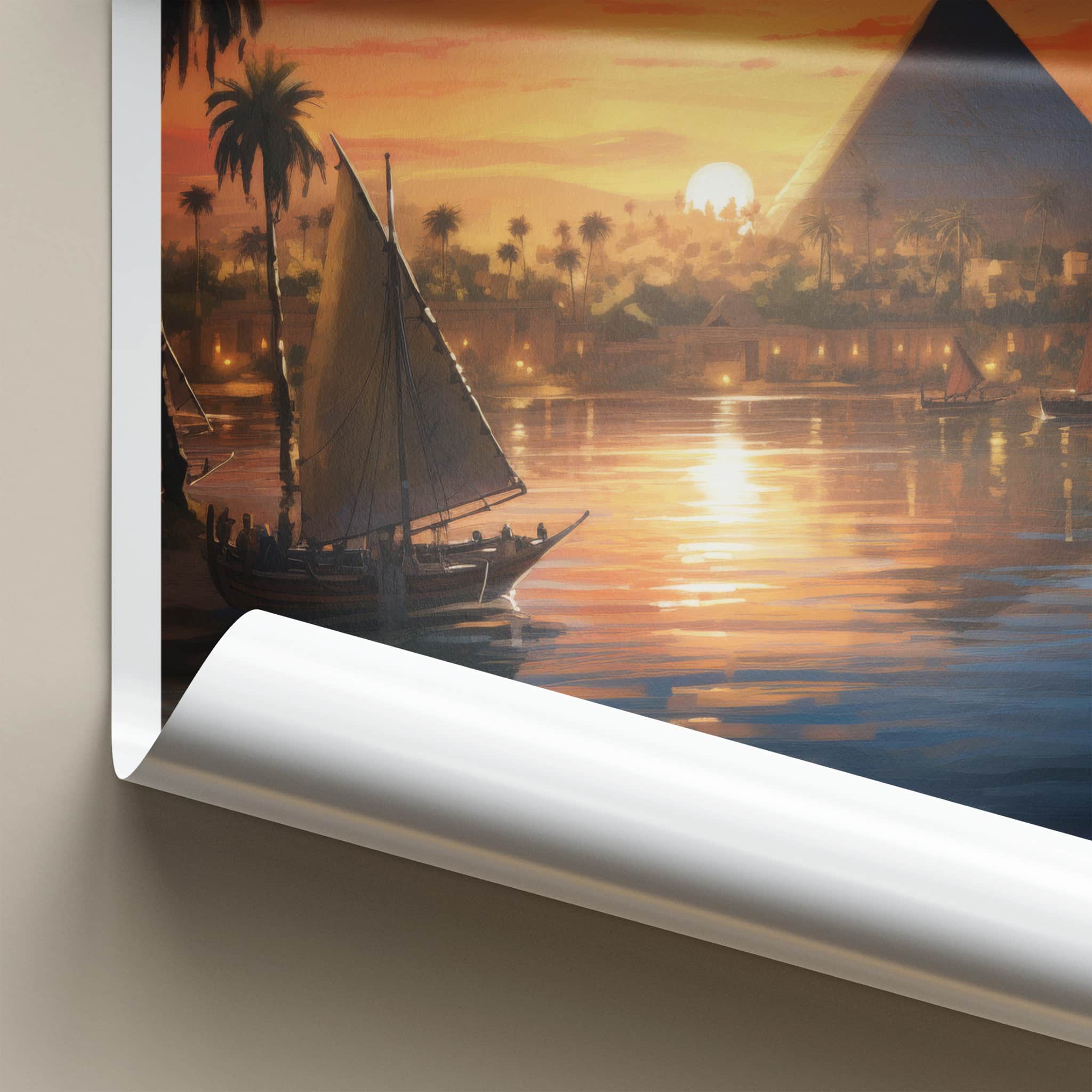Nile River Poster - Egypt Travel Art - Sunset Pyramid Boats Home Decor