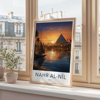 Nile River Poster - Egypt Travel Art - Sunset Pyramid Boats Home Decor