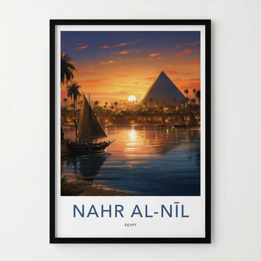 Nile River Poster - Egypt Travel Art - Sunset Pyramid Boats Home Decor